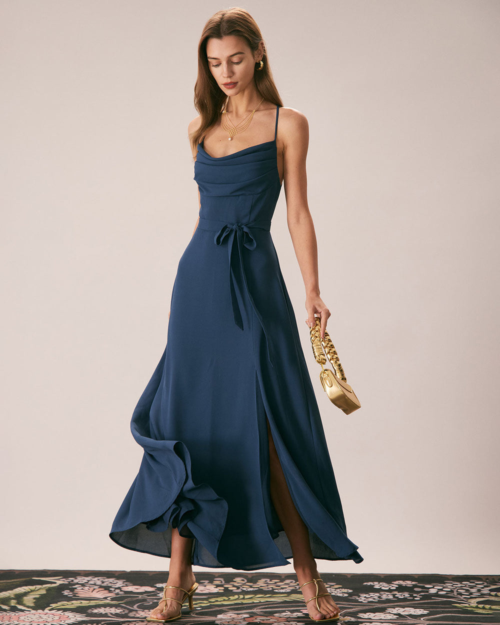 The Navy Cowl Neck Cutout Back Maxi Dress | Rihoas