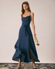 The Navy Cowl Neck Cutout Back Maxi Dress | Rihoas