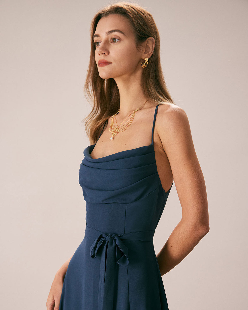 The Navy Cowl Neck Cutout Back Maxi Dress | Rihoas