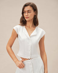 White Cap Sleeve Button Blouse | Rihoas