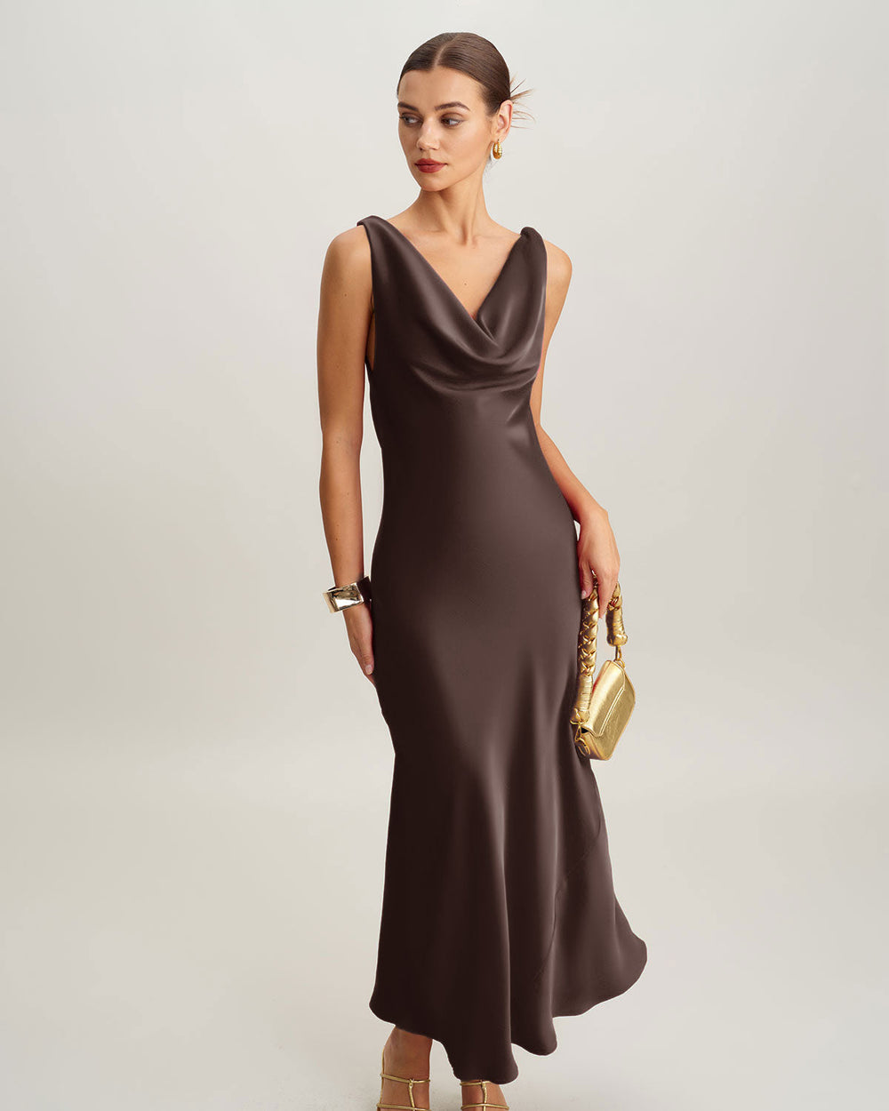 Coffee Cowl Neck Satin Maxi Dress | Rihoas