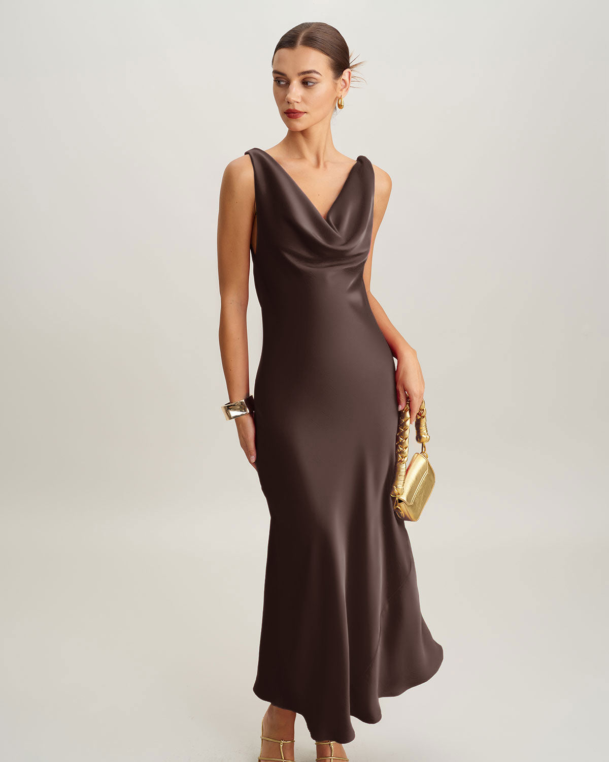 Coffee Cowl Neck Satin Maxi Dress | Rihoas