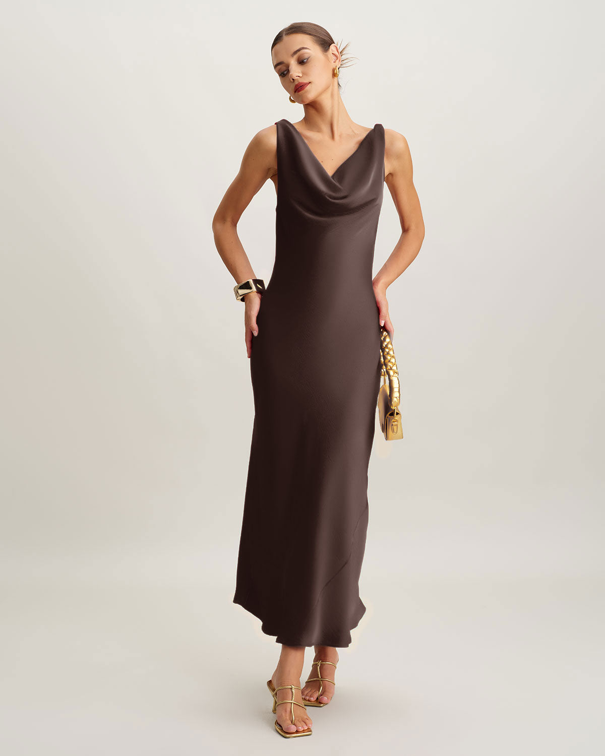 Coffee Cowl Neck Satin Maxi Dress | Rihoas