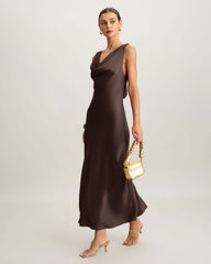 Coffee Cowl Neck Satin Maxi Dress | Rihoas