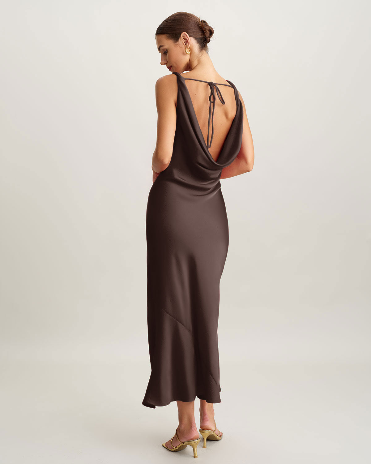 Coffee Cowl Neck Satin Maxi Dress | Rihoas