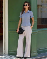 Blue Collar Button Chiffon Blouse | Rihoas