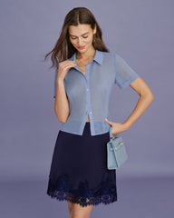 Blue Collar Button Chiffon Blouse | Rihoas