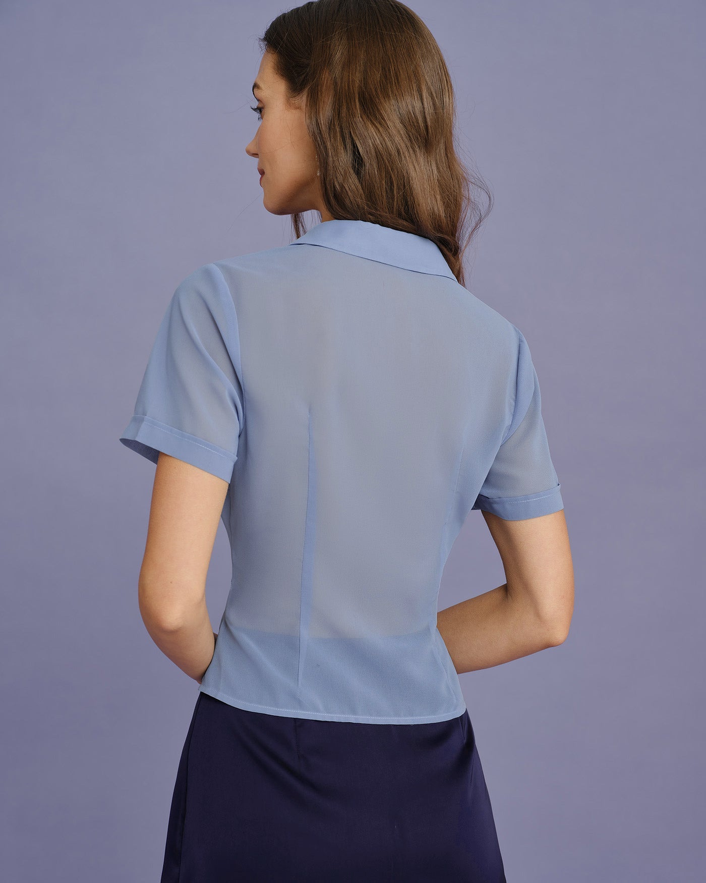 Blue Collar Button Chiffon Blouse | Rihoas