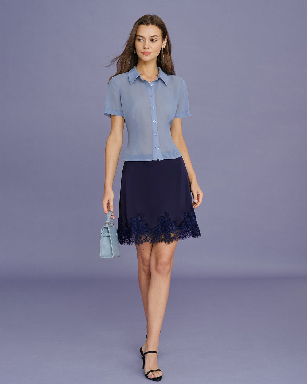Blue Collar Button Chiffon Blouse | Rihoas