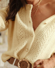 Yellow Round Neck Hip Knit Cardigan | Rihoas