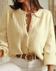 Yellow Round Neck Hip Knit Cardigan | Rihoas