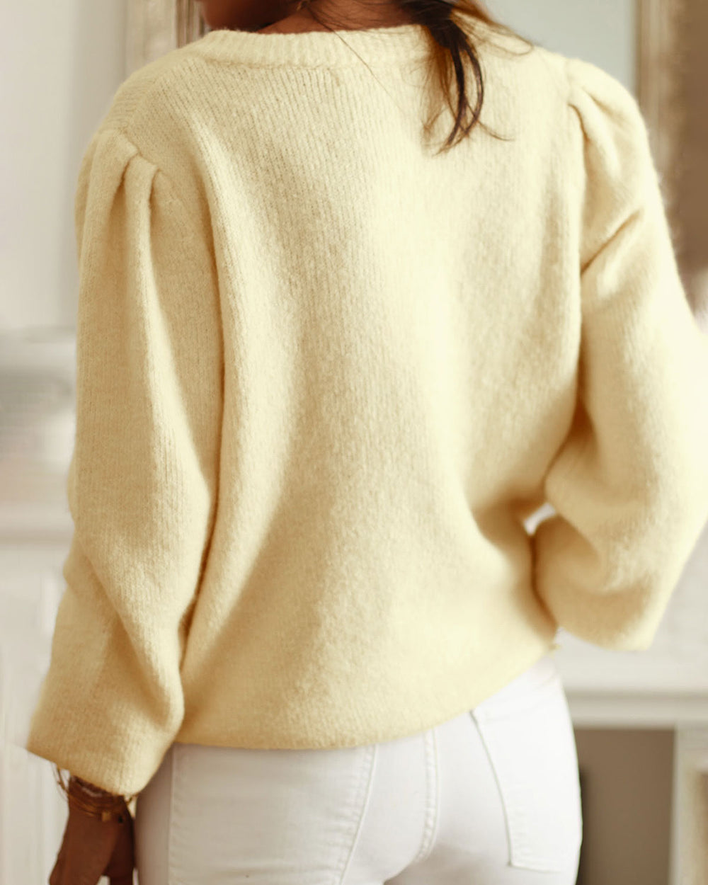 Yellow Round Neck Hip Knit Cardigan | Rihoas
