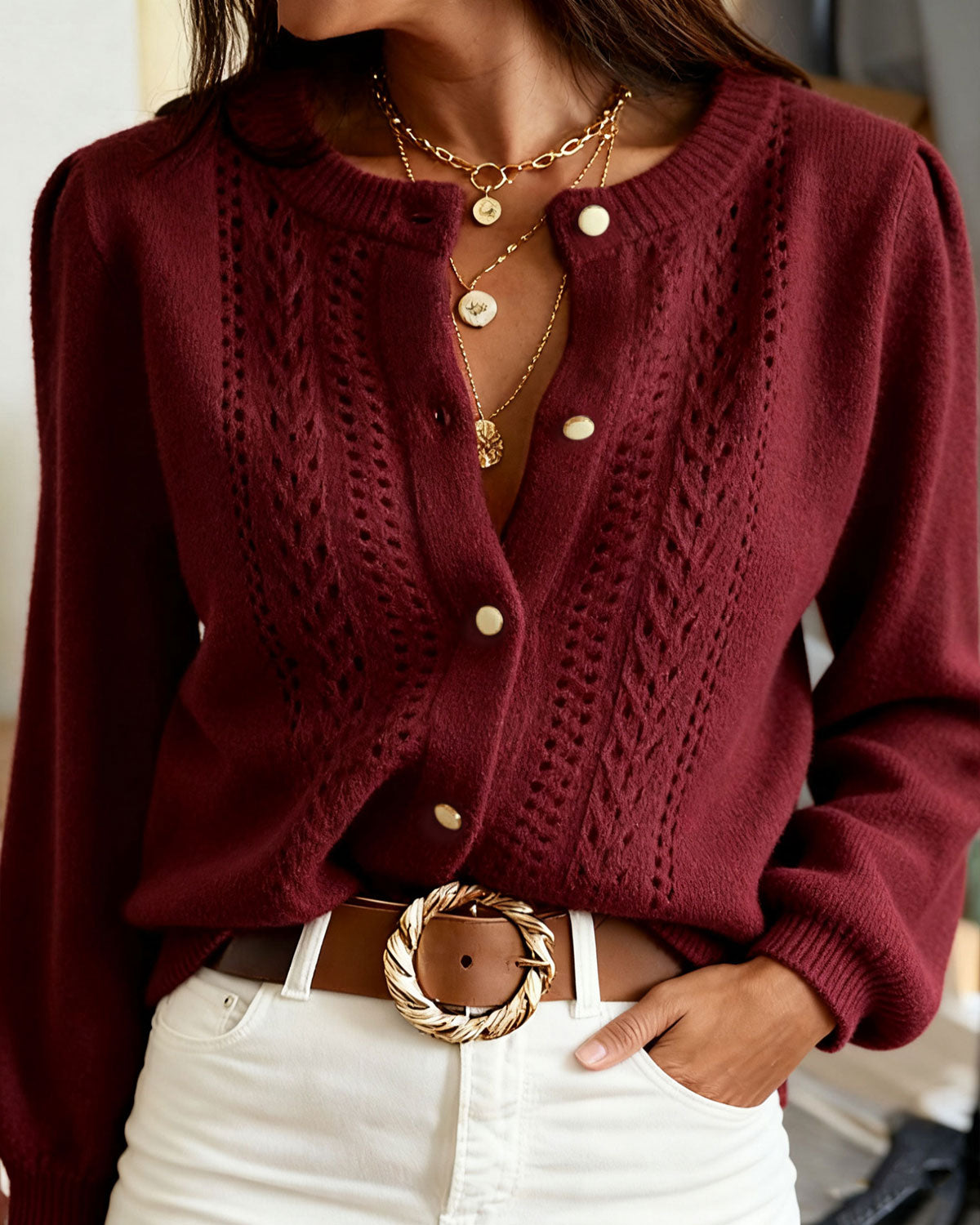 Wine Red Round Neck Casual Knit Cardigan | Rihoas