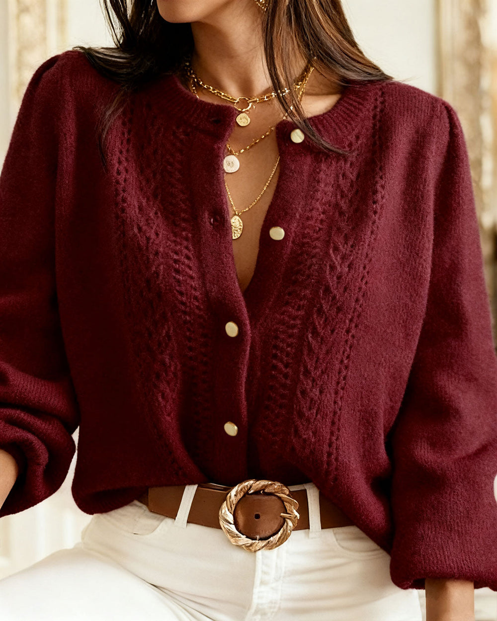 Wine Red Round Neck Casual Knit Cardigan | Rihoas