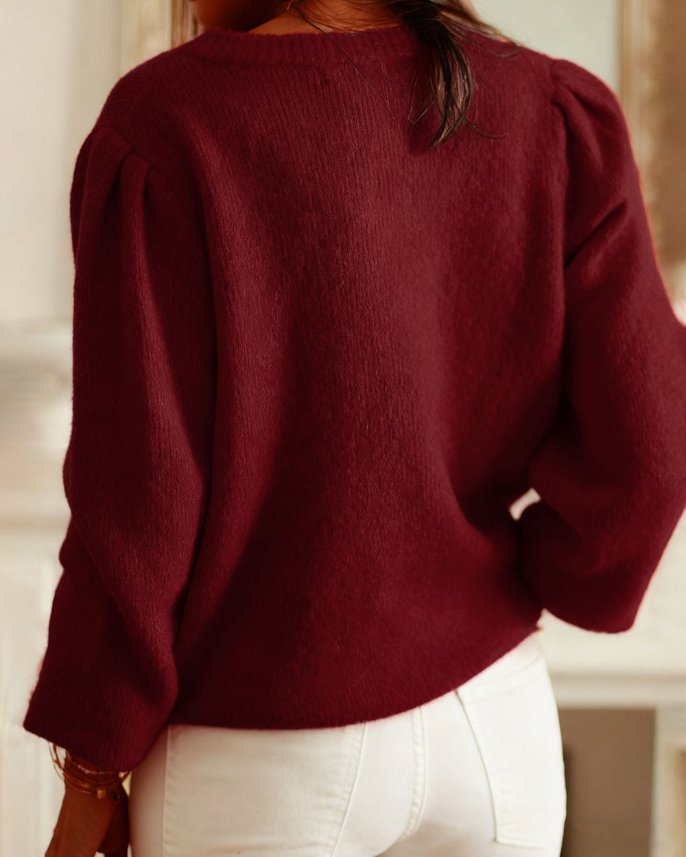 Wine Red Round Neck Casual Knit Cardigan | Rihoas