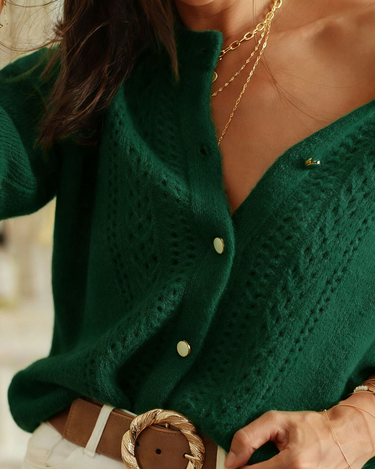 Green Round Neck Knit Cardigan | Rihoas