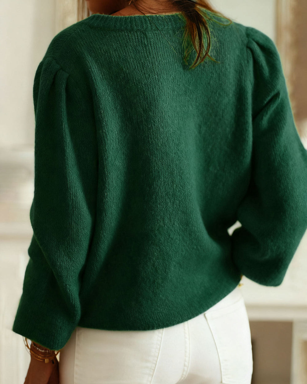Green Round Neck Knit Cardigan | Rihoas