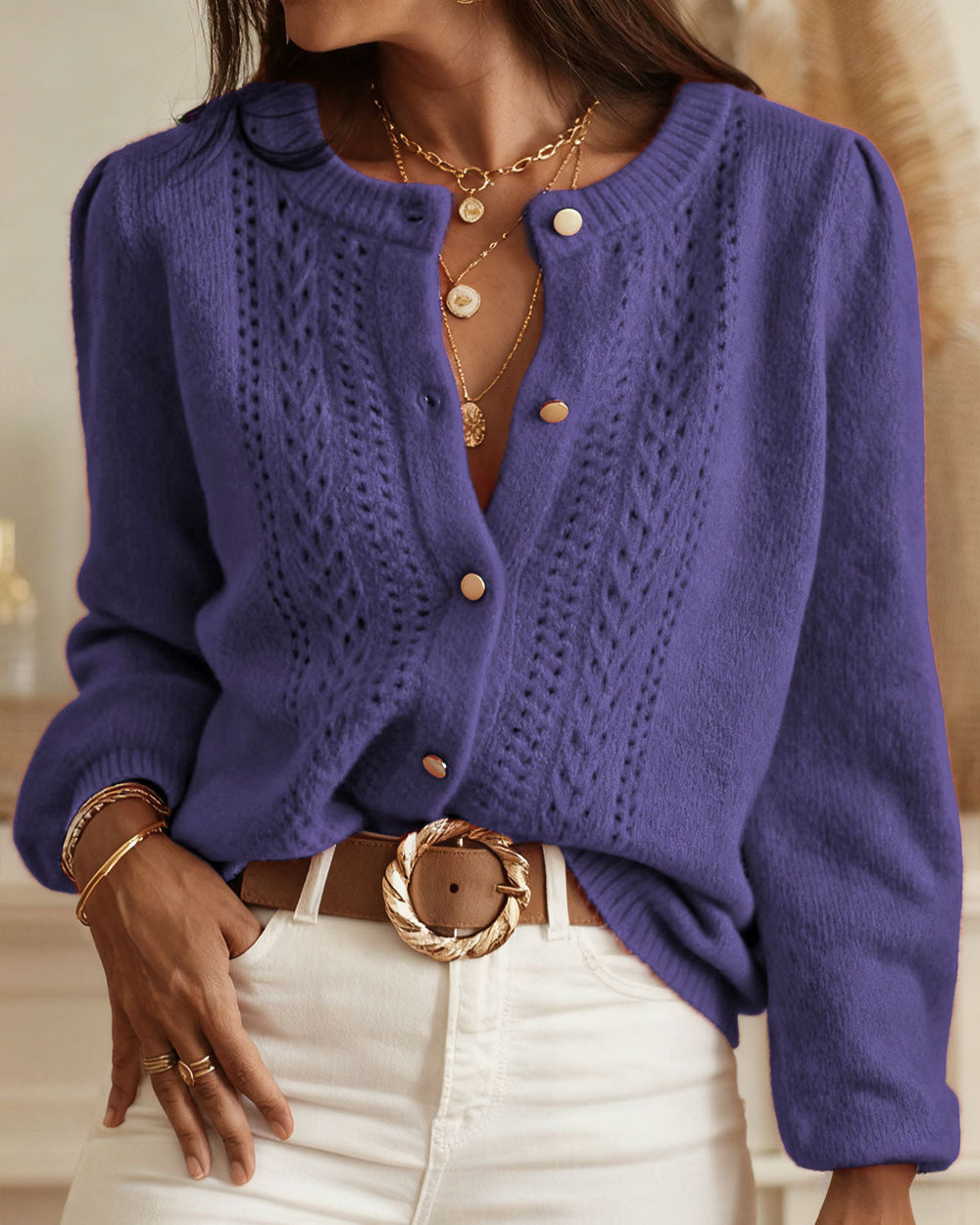 Purple Single Breasted Winter Knit Cardigan | Rihoas
