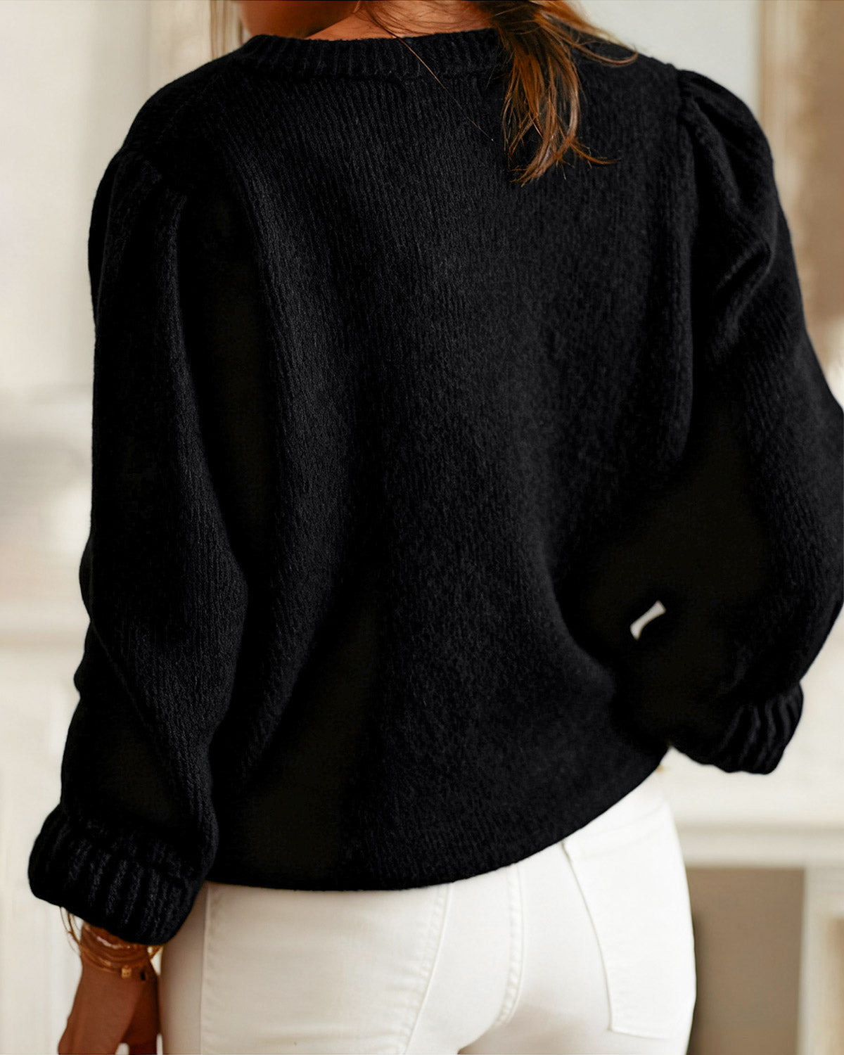 Black Round Neck Knit Cardigan | Rihoas