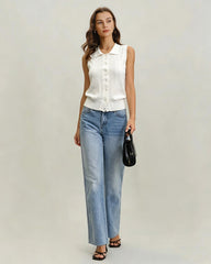 White Collar Textured Button Tank Top | Rihoas