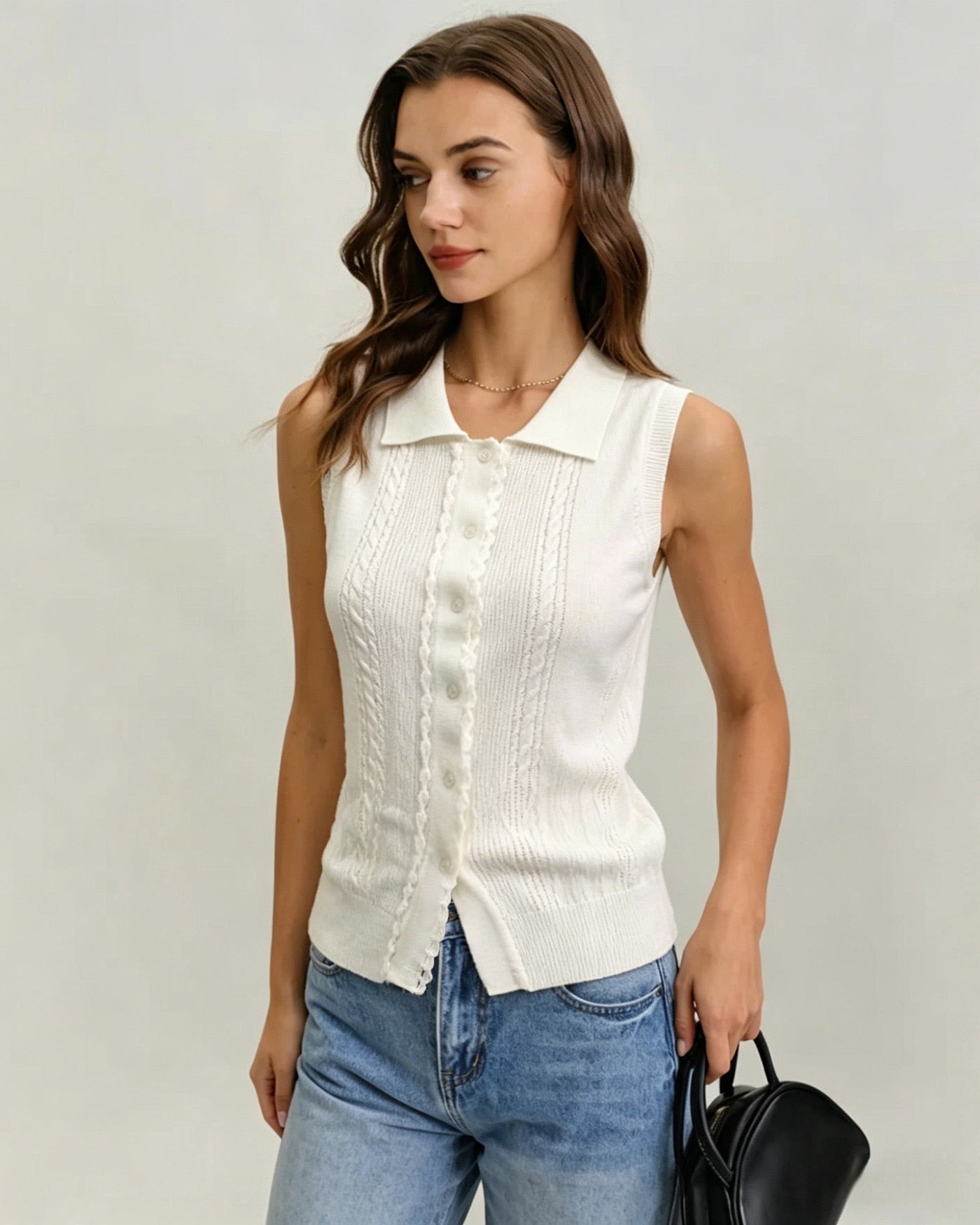 White Collar Textured Button Tank Top | Rihoas