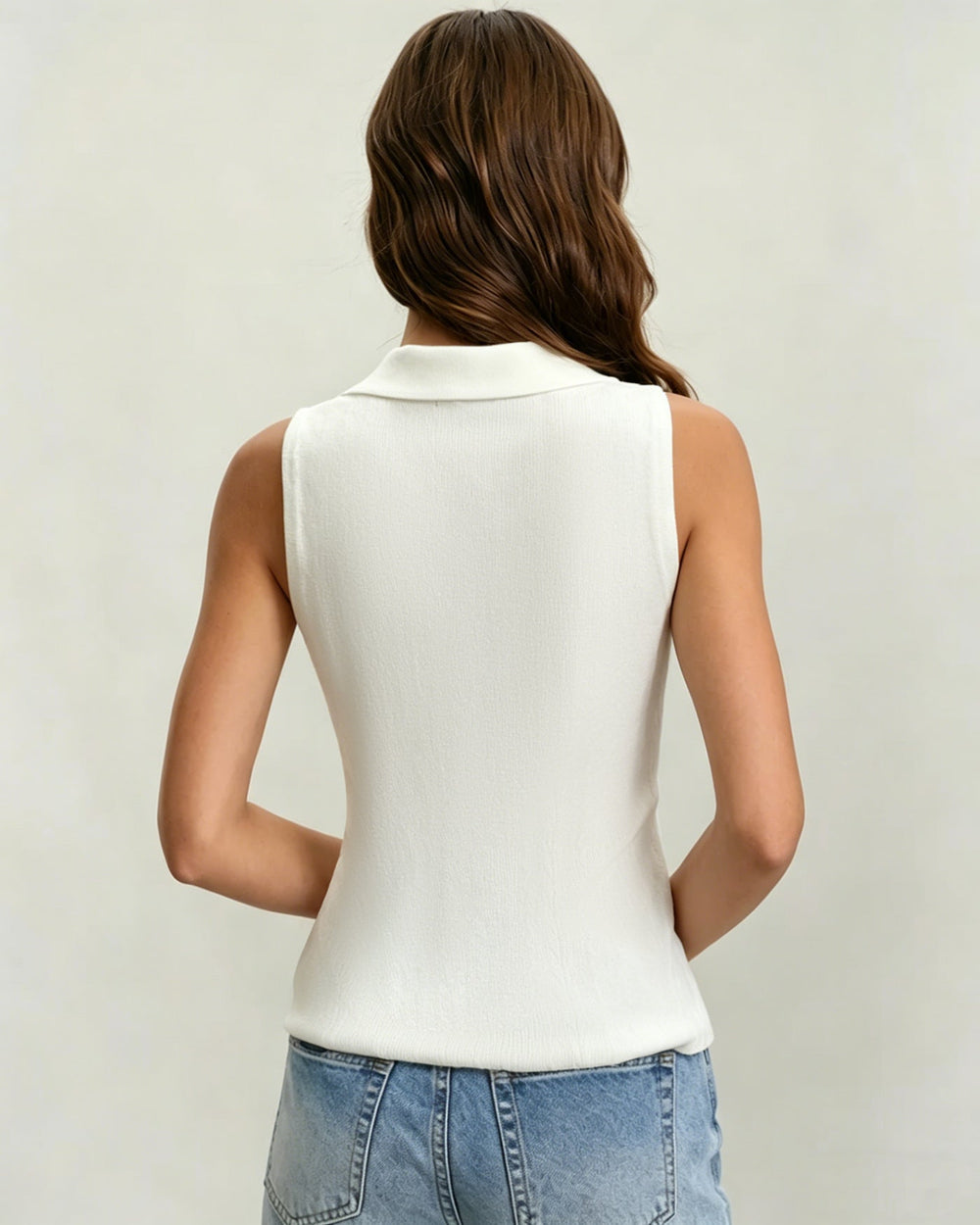 White Collar Textured Button Tank Top | Rihoas