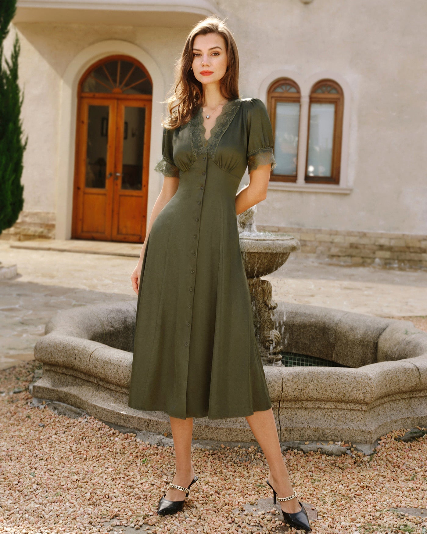 Green Lace Satin Midi Dress | Rihoas