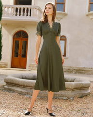 Green Lace Satin Midi Dress | Rihoas