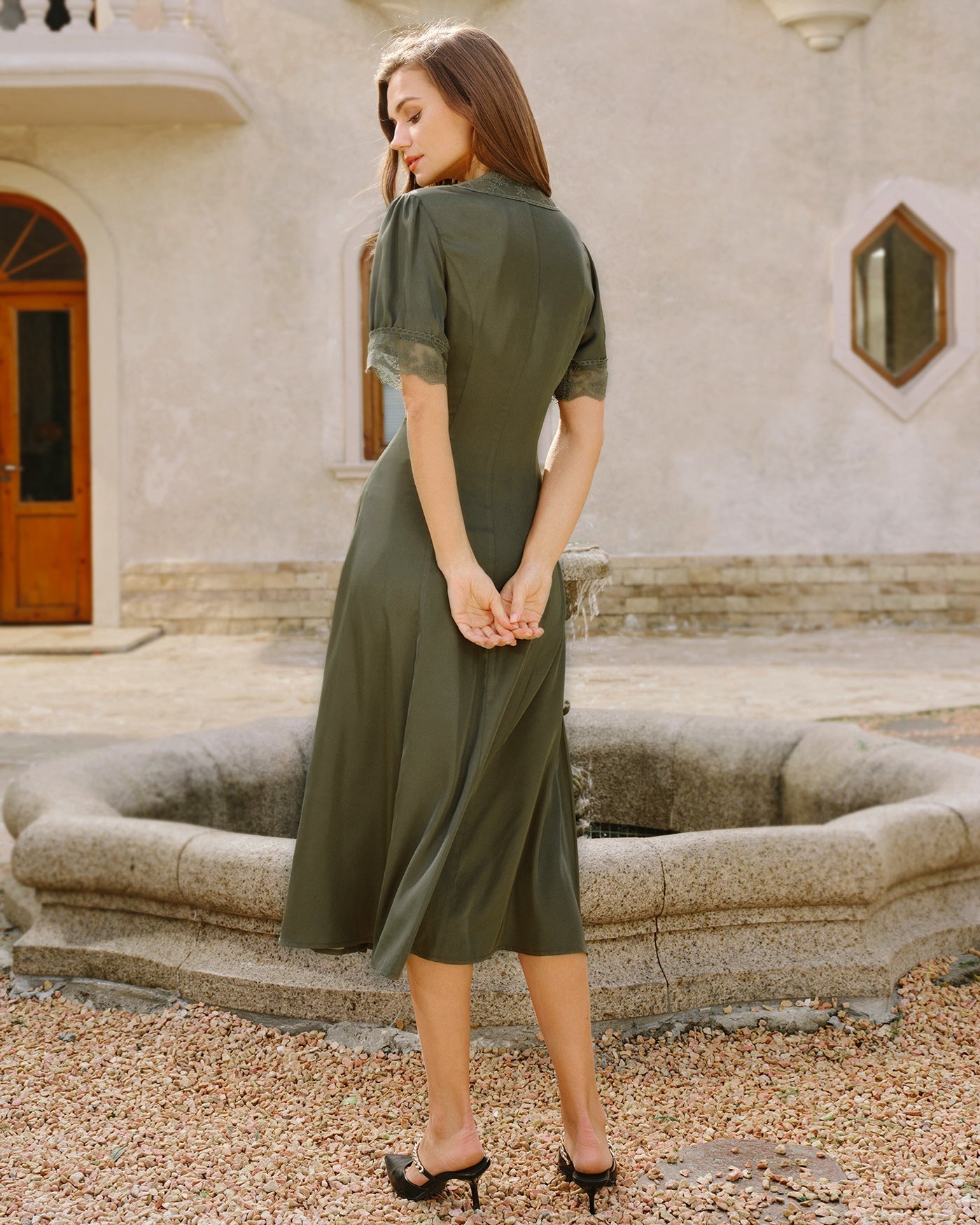 Green Lace Satin Midi Dress | Rihoas