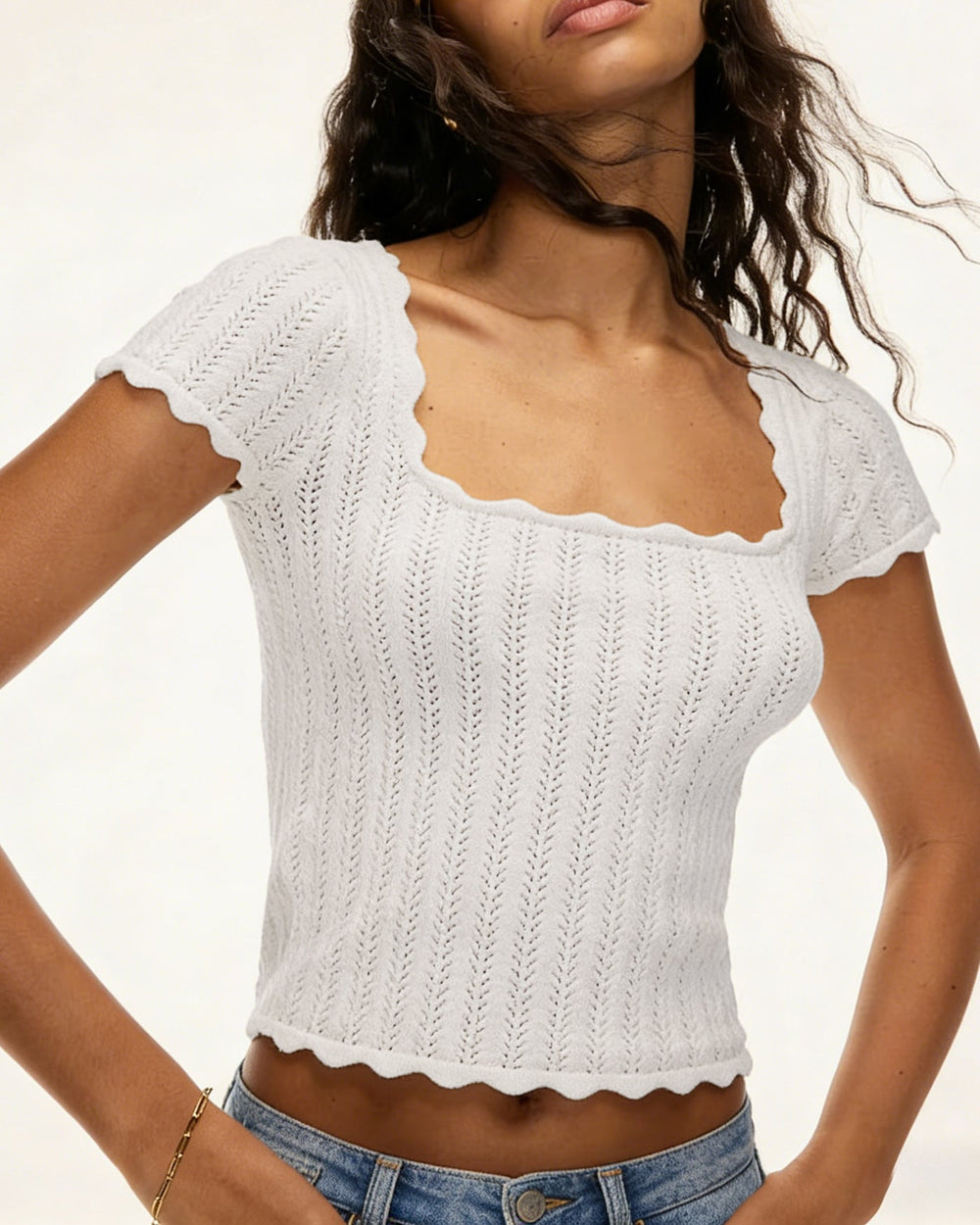 White Square Neck Textured Tee | Rihoas
