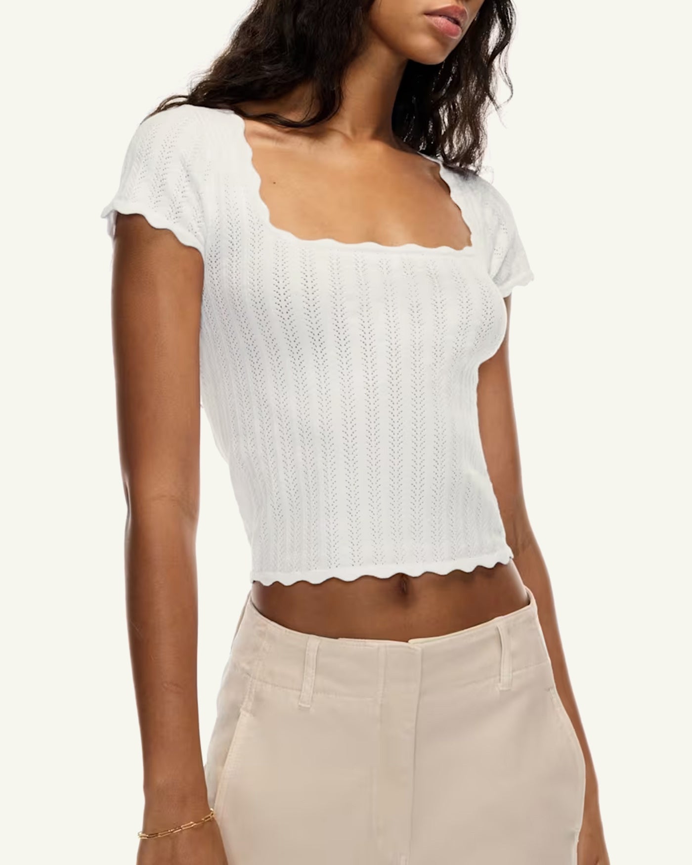White Square Neck Textured Tee | Rihoas