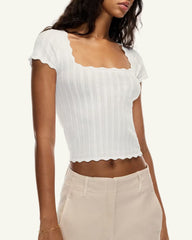 White Square Neck Textured Tee | Rihoas