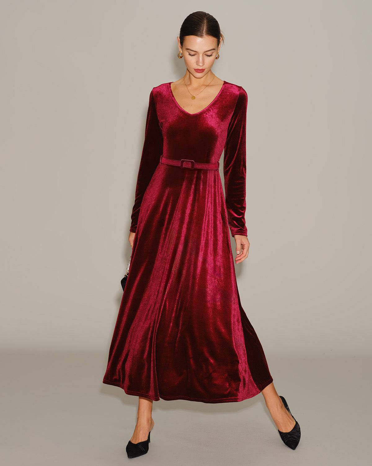 Wine Red Velour V Neck Maxi Dress | Rihoas