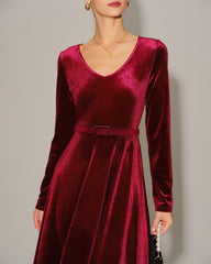 Wine Red Velour V Neck Maxi Dress | Rihoas