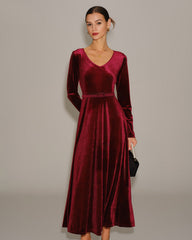 Wine Red Velour V Neck Maxi Dress | Rihoas
