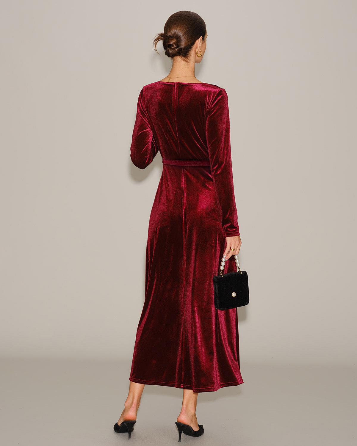 Wine Red Velour V Neck Maxi Dress | Rihoas