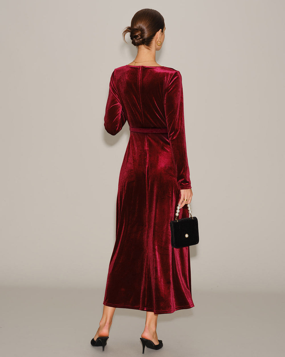 Wine Red Velour V Neck Maxi Dress | Rihoas