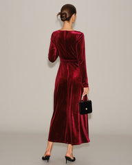 Wine Red Velour V Neck Maxi Dress | Rihoas