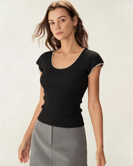 Black U Neck Pearl Tee | Rihoas