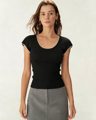 Black U Neck Pearl Tee | Rihoas