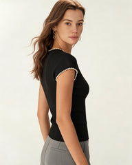 Black U Neck Pearl Tee | Rihoas