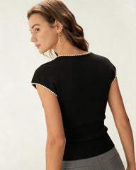Black U Neck Pearl Tee | Rihoas