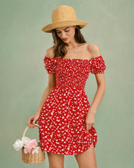 Red Square Neck Floral Mini Dress | Rihoas