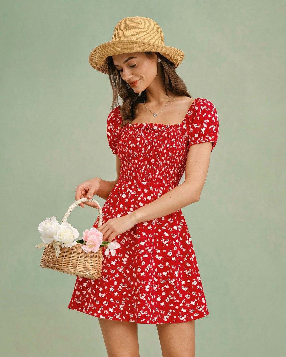 Red Square Neck Floral Mini Dress | Rihoas