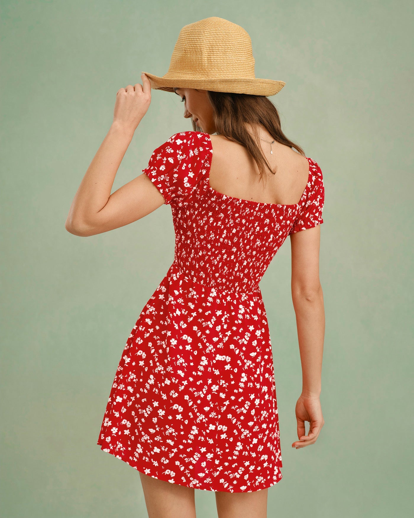 Red Square Neck Floral Mini Dress | Rihoas