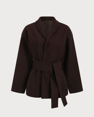 Coffee Belted Shawl Coat | Rihoas