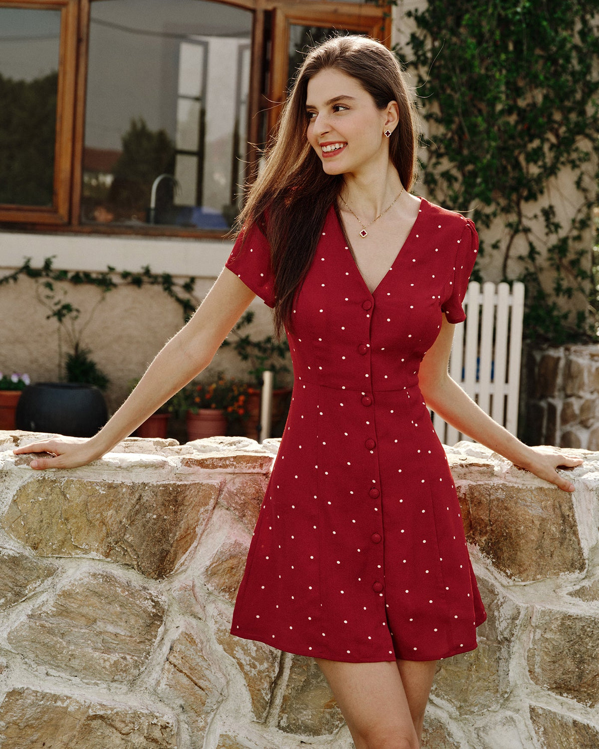 Wine Red V Neck Polka Dot Mini Dress | Rihoas