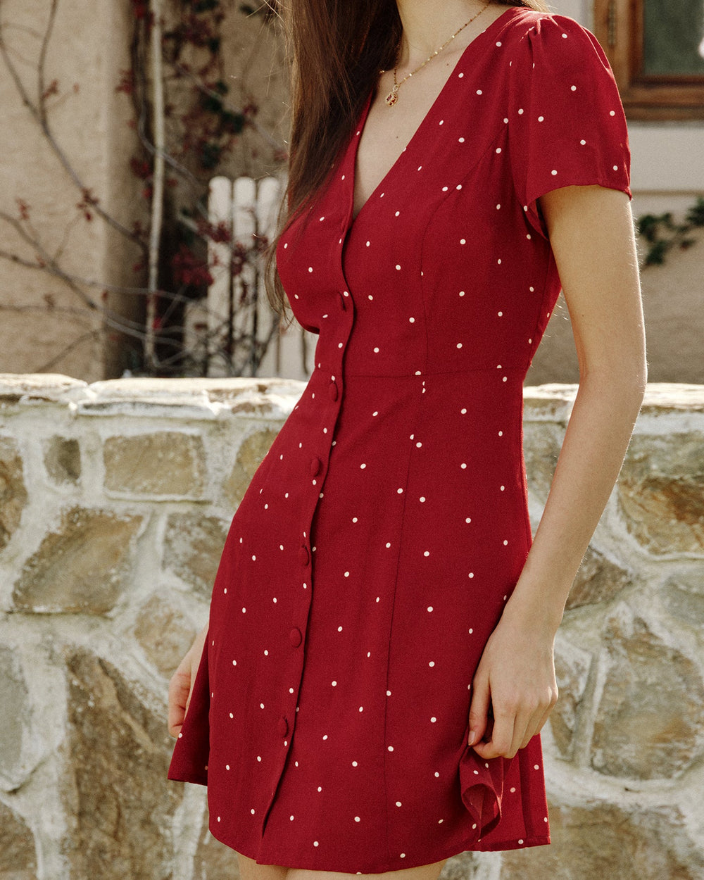 Wine Red V Neck Polka Dot Mini Dress | Rihoas