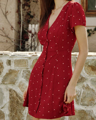 Wine Red V Neck Polka Dot Mini Dress | Rihoas