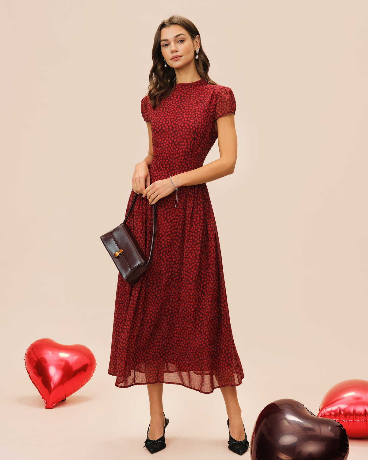 Red Cap Sleeve Floral Maxi Dress | Rihoas